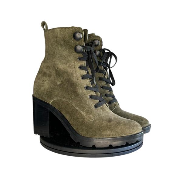 Frye Myra Lug Combat Boots Forest Green Suede Heeled Size 10 Like New - Picture 3 of 6